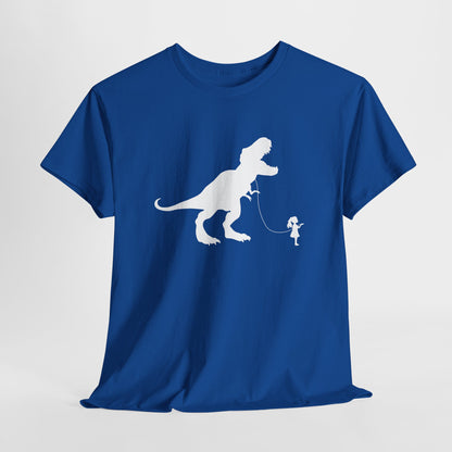 Hanging royal blue T-shirt featuring a white silhouette of a girl walking a T-Rex on a leash. Part of the Vivid Divergence Sensory Friendly Unisex Tees Range.
