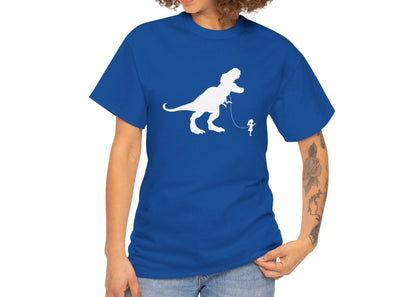 Model wearing a royal blue T-shirt featuring a white silhouette of a girl walking a T-Rex on a leash. Part of the Vivid Divergence Sensory Friendly Unisex Tees Range.