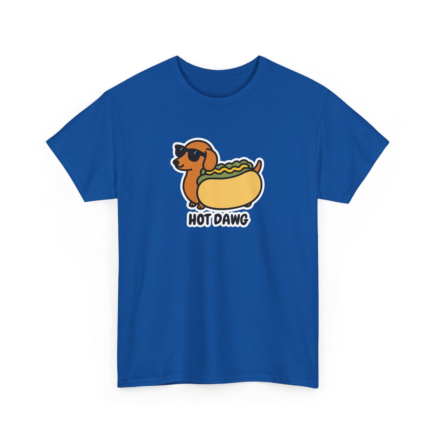 Front view of a royal blue T-shirt featuring a "Hot Dawg" design with a cartoon dachshund inside a hot dog bun wearing sunglasses. Part of the Vivid Divergence Sensory Friendly Unisex Tees Range.