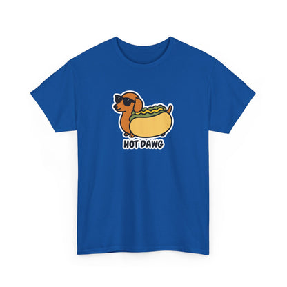 Front view of a royal blue T-shirt featuring a "Hot Dawg" design with a cartoon dachshund inside a hot dog bun wearing sunglasses. Part of the Vivid Divergence Sensory Friendly Unisex Tees Range.