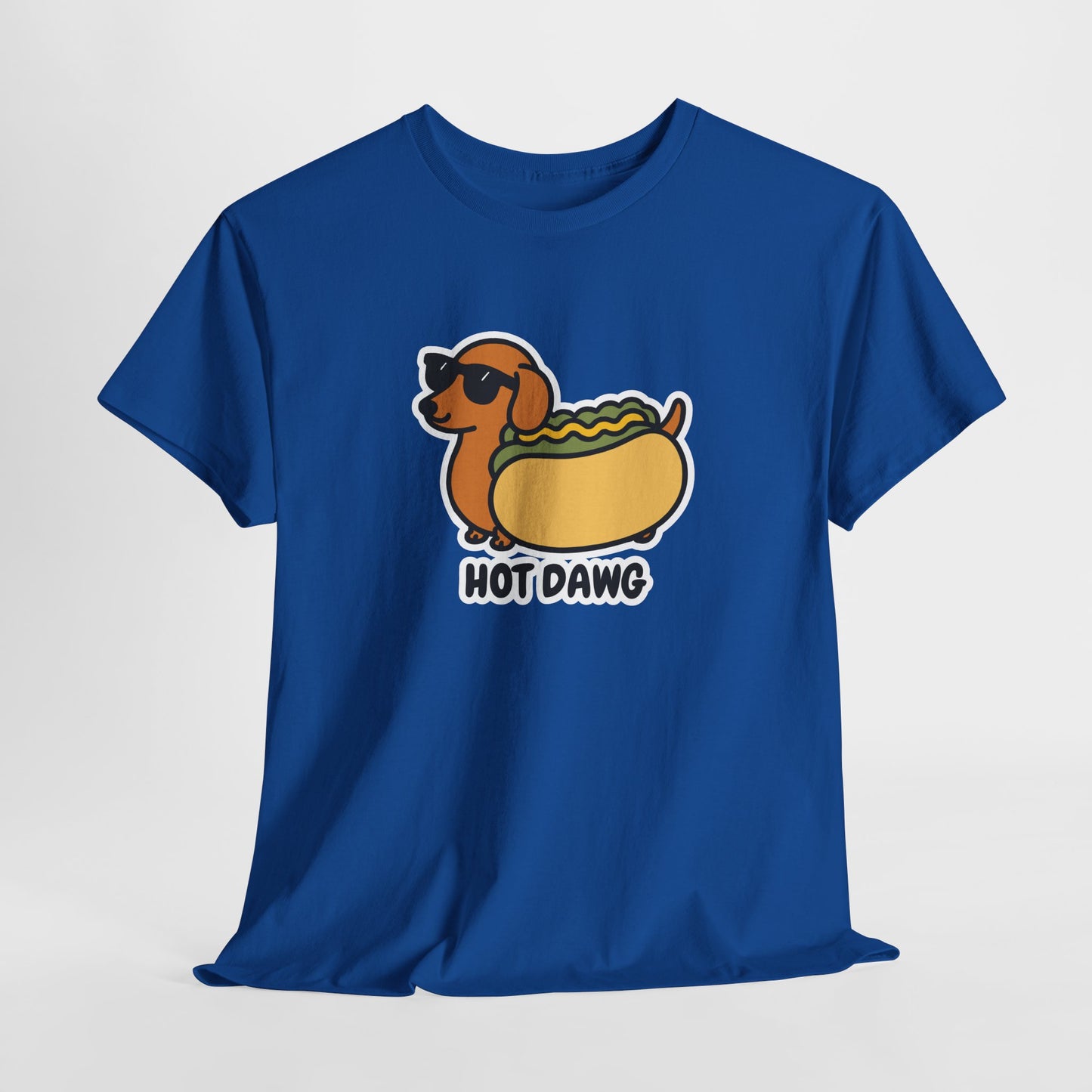Hanging royal blue T-shirt featuring a "Hot Dawg" design with a cartoon dachshund inside a hot dog bun wearing sunglasses. Part of the Vivid Divergence Sensory Friendly Unisex Tees Range.