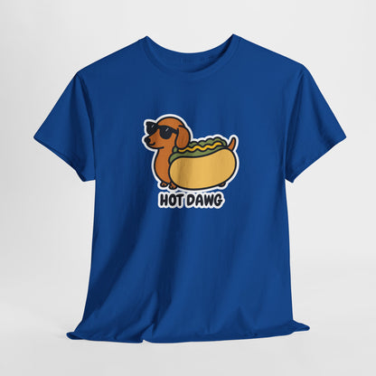 Hanging royal blue T-shirt featuring a "Hot Dawg" design with a cartoon dachshund inside a hot dog bun wearing sunglasses. Part of the Vivid Divergence Sensory Friendly Unisex Tees Range.