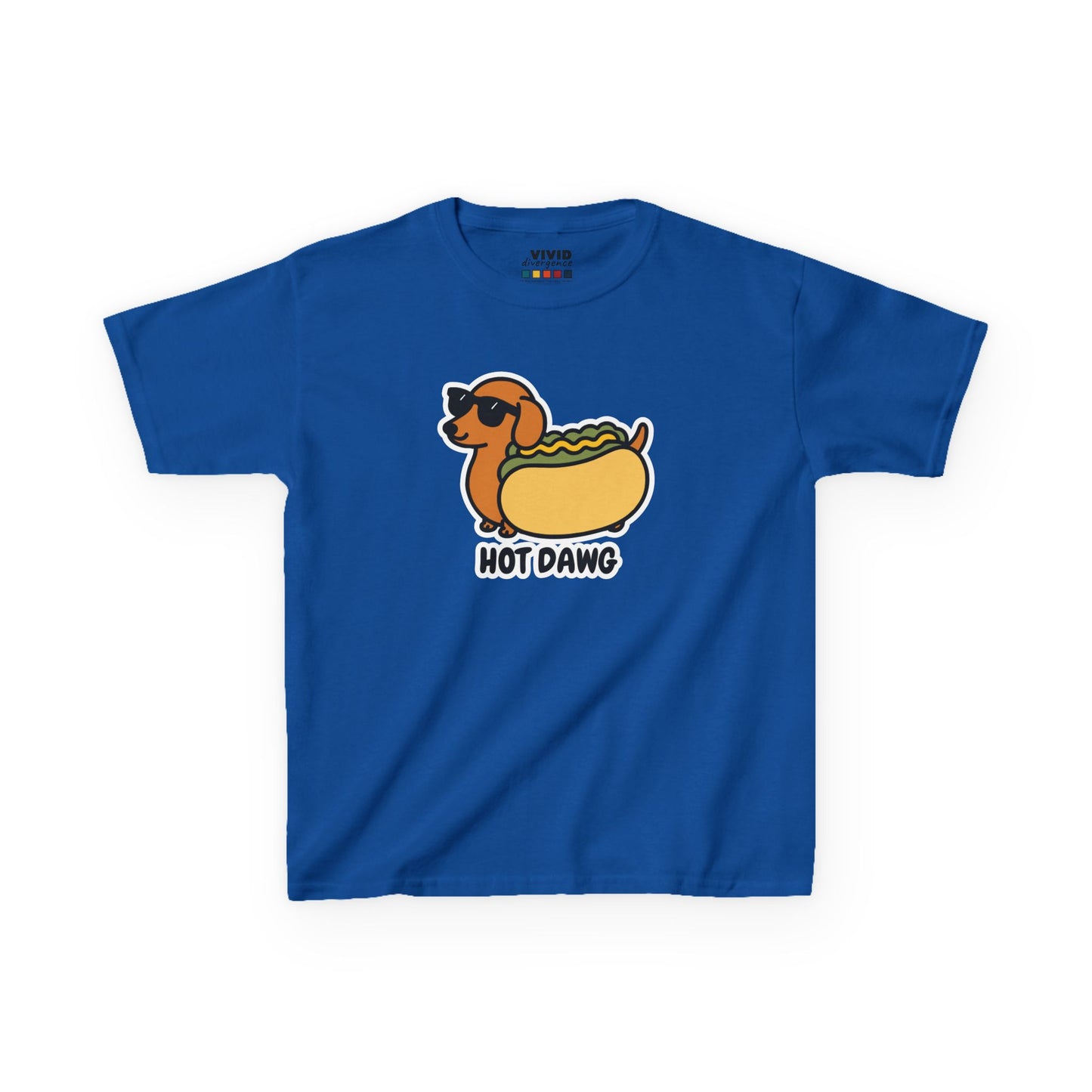 Front view of a royal blue "Hot Dawg" kids T-shirt featuring a cartoon dachshund in a hot dog bun. Part of the Vivid Divergence Sensory Friendly Kids Shirts Range. The perfect T-shirt for sensory-sensitive kids and comes with a Sensory Satisfaction Promise.