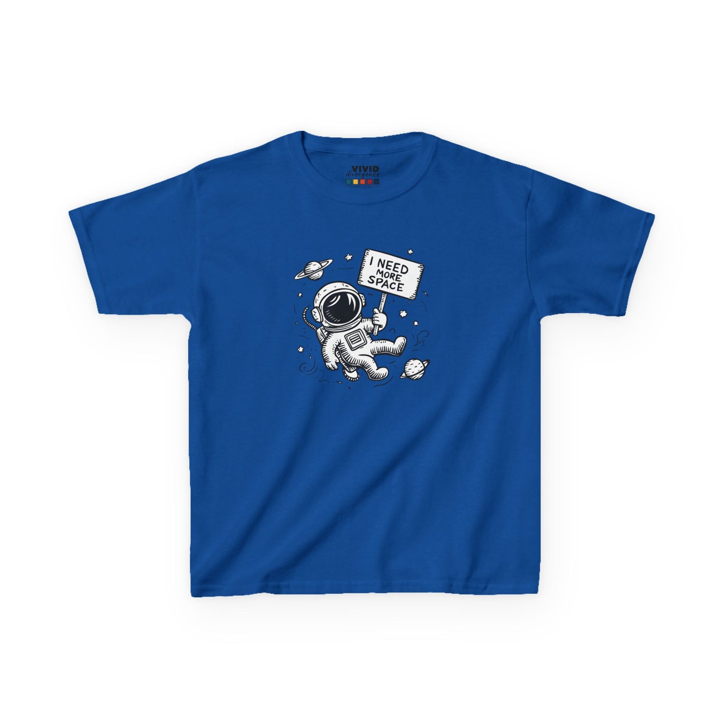 Front view of a royal blue "I Need More Space" astronaut kids T-shirt featuring a cartoon astronaut floating among space icons. Part of the Vivid Divergence Sensory Friendly Kids Shirts Range. The perfect T-shirt for sensory-sensitive kids and comes with a Sensory Satisfaction Promise.