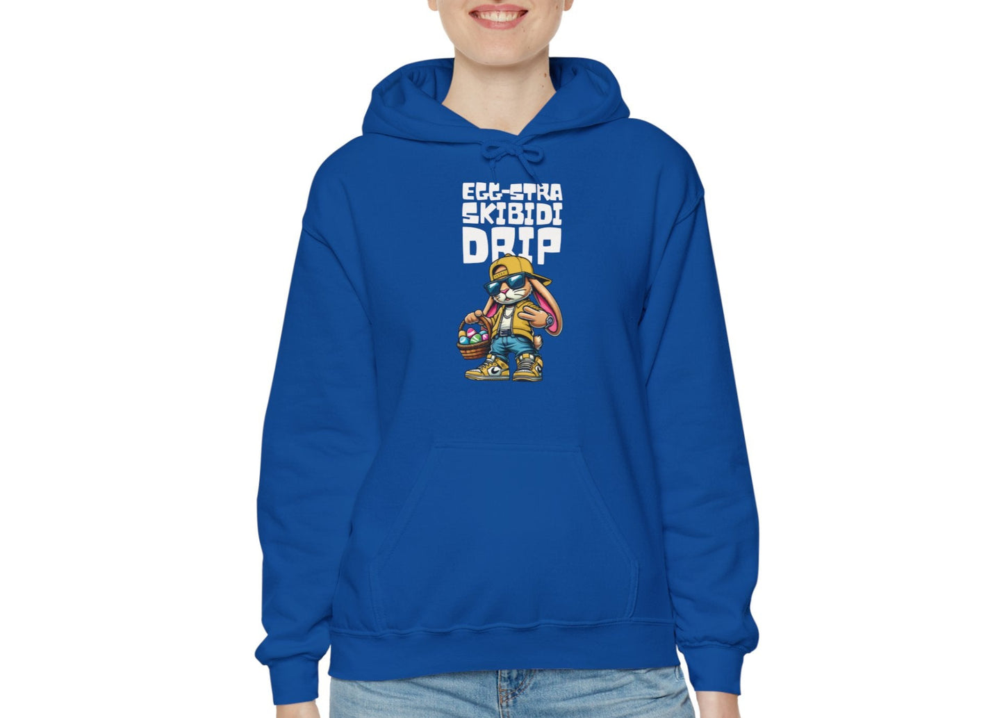 Woman in royal blue hoodie with Skibidi Drip Easter meme design. Part of the Vivid Divergence Sensory Friendly Unisex Hoodies Range.
