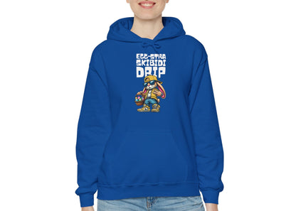 Woman in royal blue hoodie with Skibidi Drip Easter meme design. Part of the Vivid Divergence Sensory Friendly Unisex Hoodies Range.

