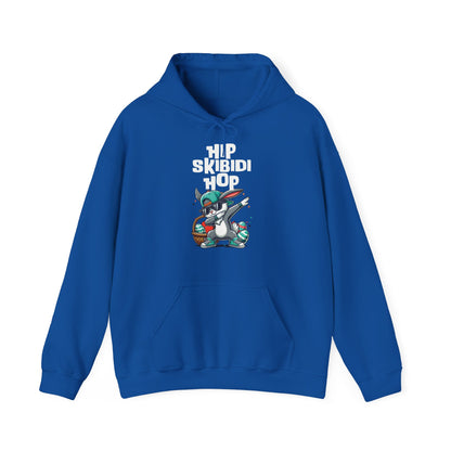 Front view of royal blue hoodie with hip hop Skibidi dab bunny Easter print. Part of the Vivid Divergence Sensory Friendly Unisex Hoodies Range.
