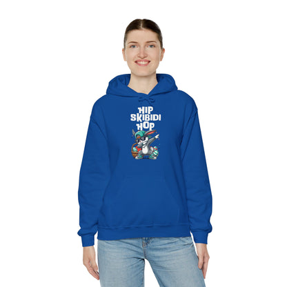Woman wearing royal blue hoodie with dab bunny and Skibidi Easter design. Part of the Vivid Divergence Sensory Friendly Unisex Hoodies Range.
