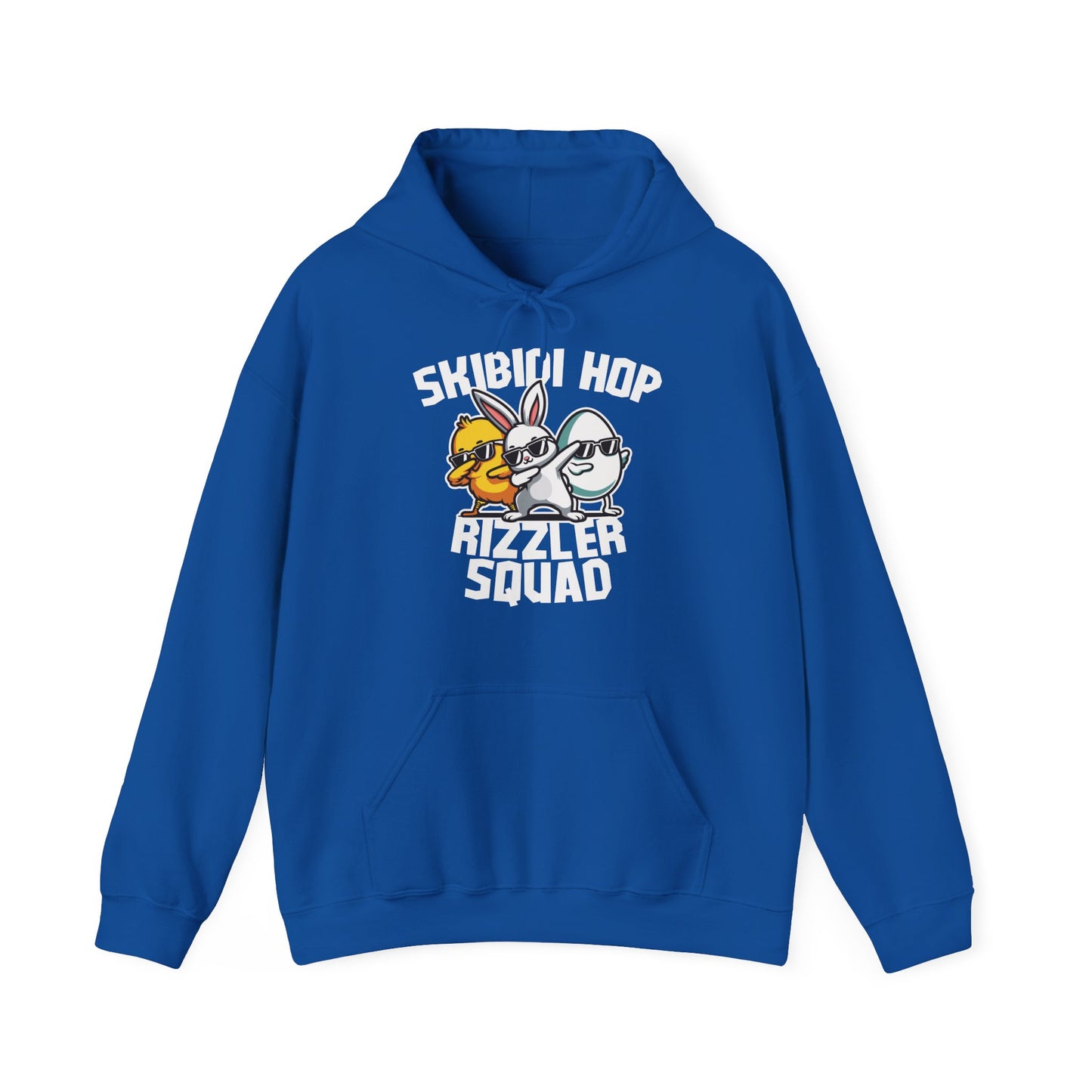 Front view of royal blue hoodie with Skibidi Hop Rizzler Squad Easter meme design. Part of the Vivid Divergence Sensory Friendly Unisex Hoodies Range.
