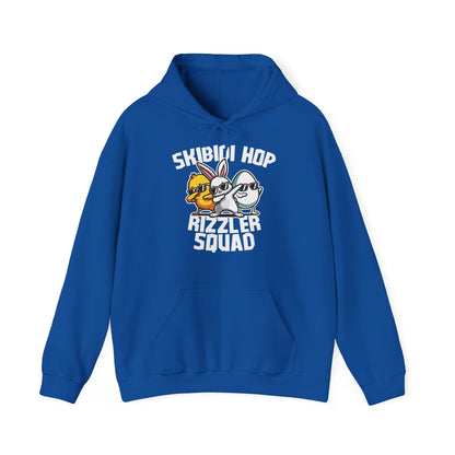 Front view of royal blue hoodie with Skibidi Hop Rizzler Squad Easter meme design. Part of the Vivid Divergence Sensory Friendly Unisex Hoodies Range.
