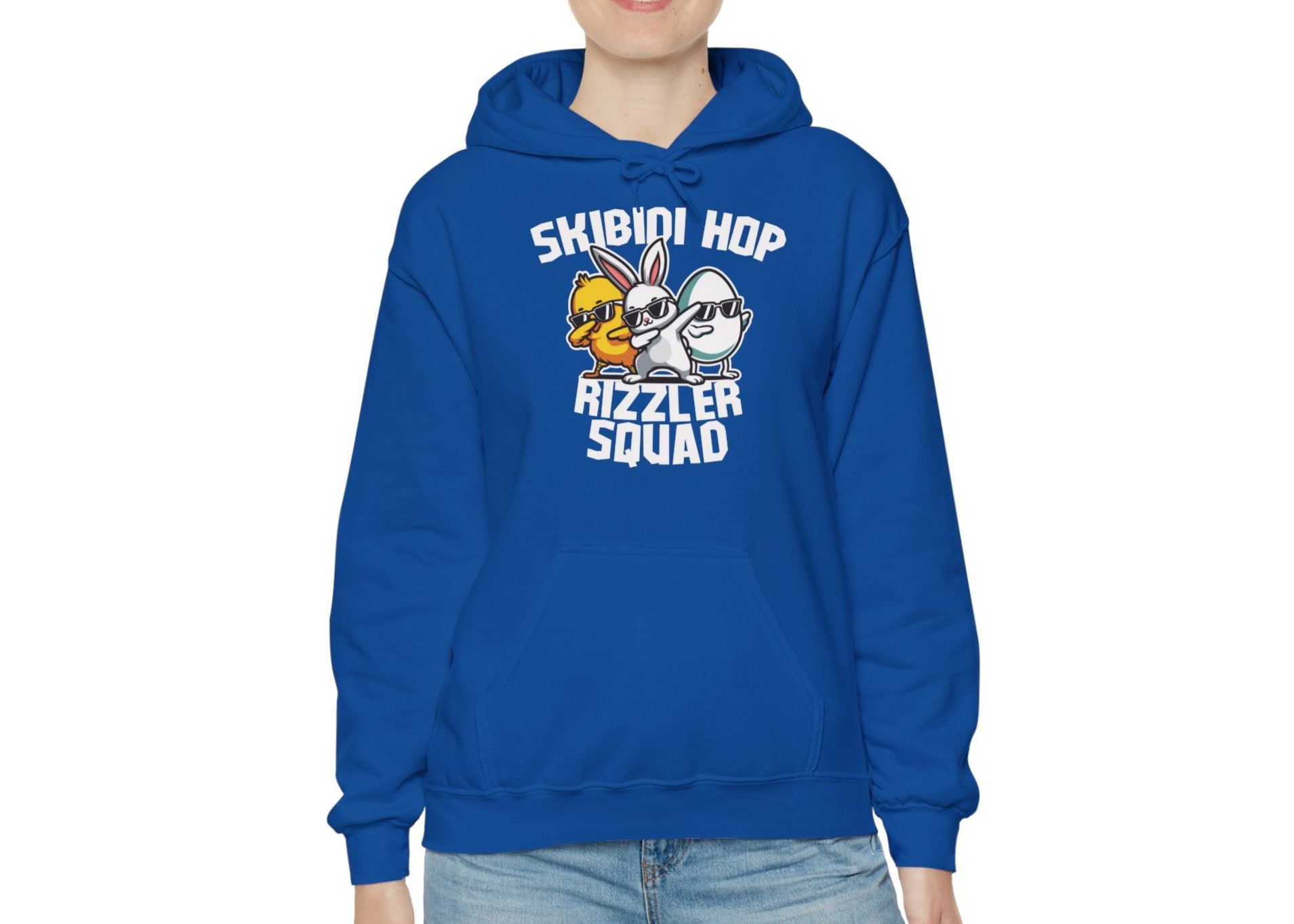 Woman in royal blue hoodie featuring Skibidi Hop Rizzler Squad Easter print. Part of the Vivid Divergence Sensory Friendly Unisex Hoodies Range.
