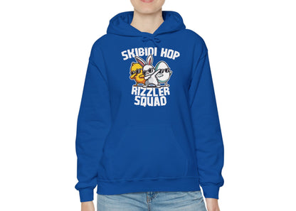 Woman in royal blue hoodie featuring Skibidi Hop Rizzler Squad Easter print. Part of the Vivid Divergence Sensory Friendly Unisex Hoodies Range.
