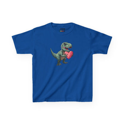 Front view of a royal blue T-Rex Love kids T-shirt with a cartoon dinosaur holding a heart. Part of the Vivid Divergence Sensory Friendly Kids Shirts Range. The perfect T-shirt for sensory-sensitive kids and comes with a Sensory Satisfaction Promise.