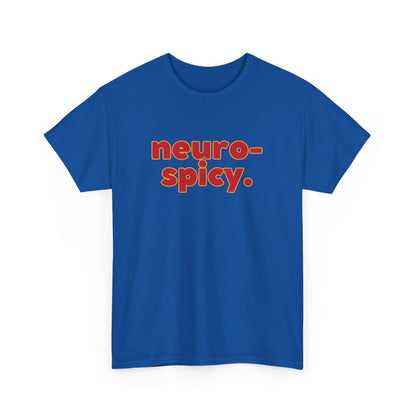 Front view of a royal blue T-shirt with the text "Neuro-Spicy" in retro-style lettering. Part of the Vivid Divergence Sensory Friendly Unisex Tees Range.