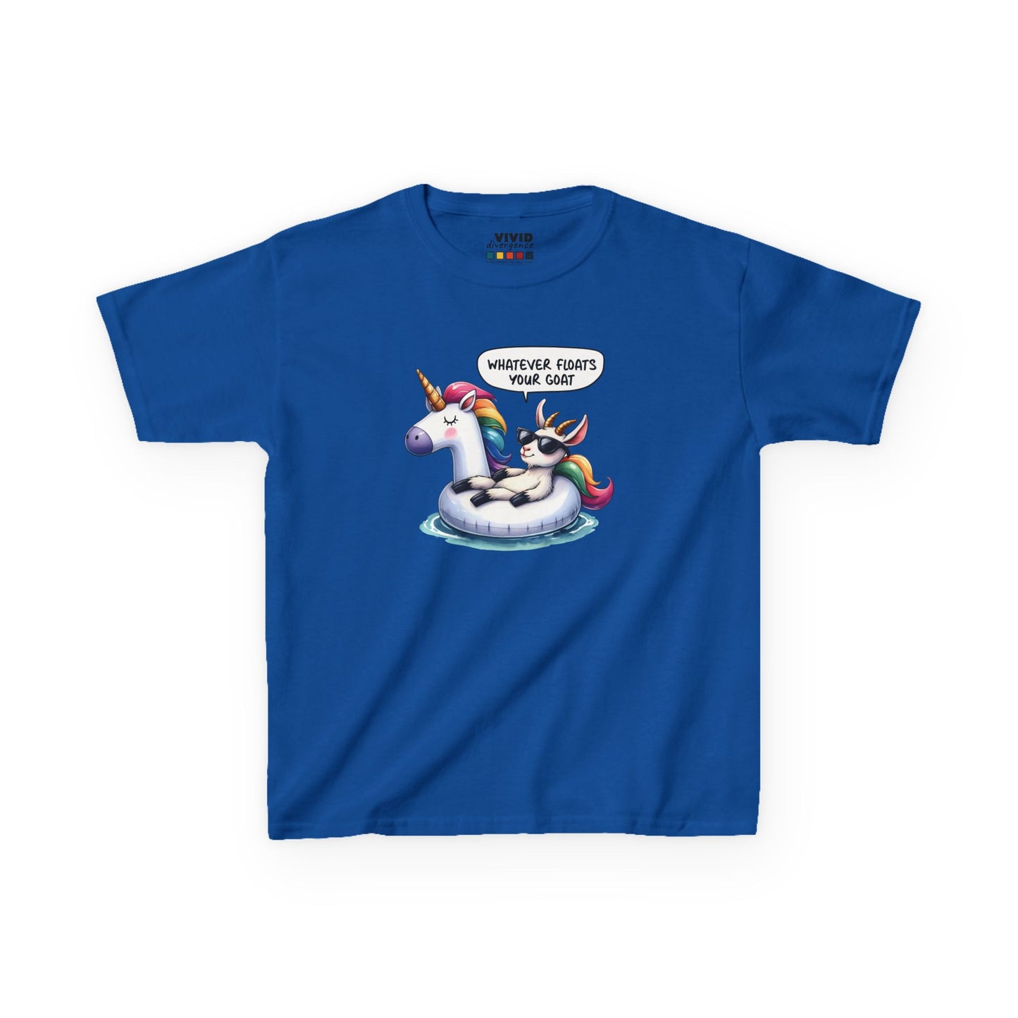 Front view of a royal blue "Whatever Floats Your Goat" kids T-shirt featuring a cartoon goat floating on a unicorn pool float. Part of the Vivid Divergence Sensory Friendly Kids Shirts Range. The perfect T-shirt for sensory-sensitive kids and comes with a Sensory Satisfaction Promise.
