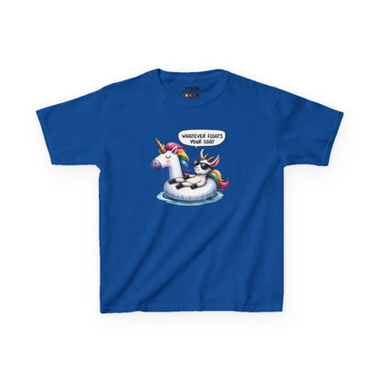 Front view of a royal blue "Whatever Floats Your Goat" kids T-shirt featuring a cartoon goat floating on a unicorn pool float. Part of the Vivid Divergence Sensory Friendly Kids Shirts Range. The perfect T-shirt for sensory-sensitive kids and comes with a Sensory Satisfaction Promise.