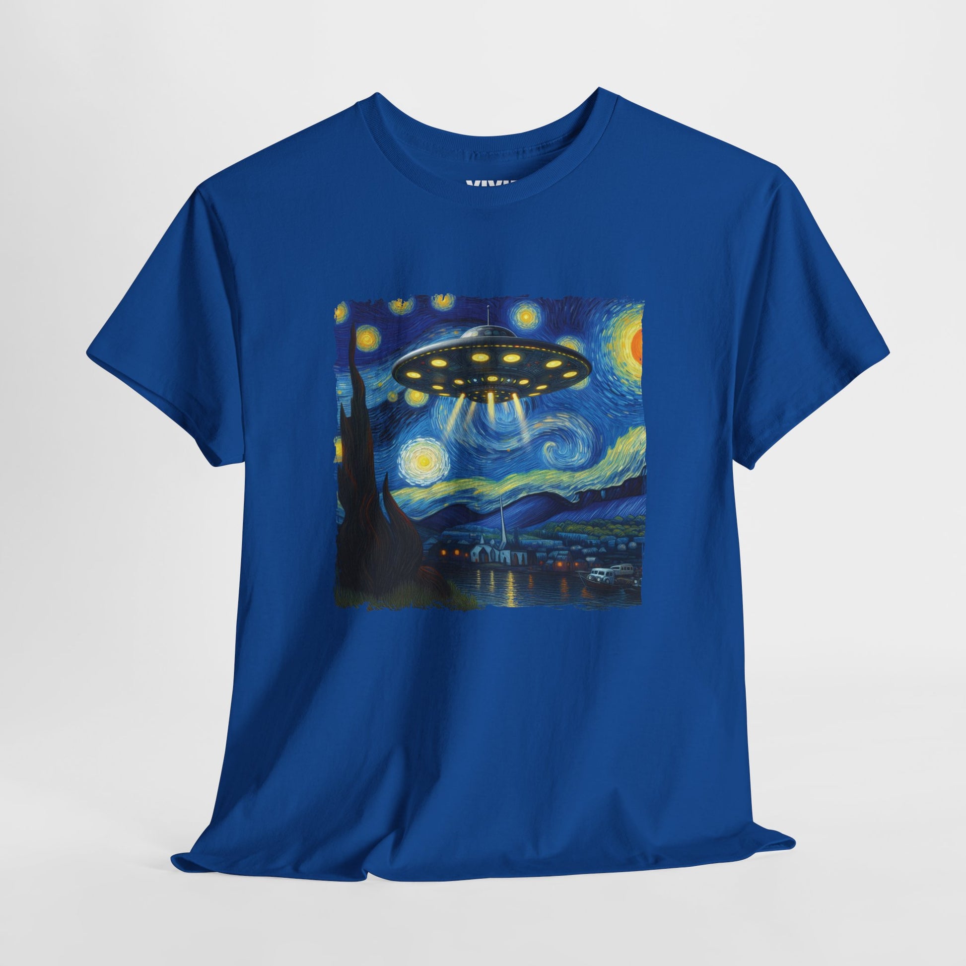 Royal blue UFO Van Gogh parody T-shirt hanging on display, showing full design of starry sky with spaceship at the center. Iconic chaos, now wearable. Part of the Vivid Divergence Memewear Collection!
