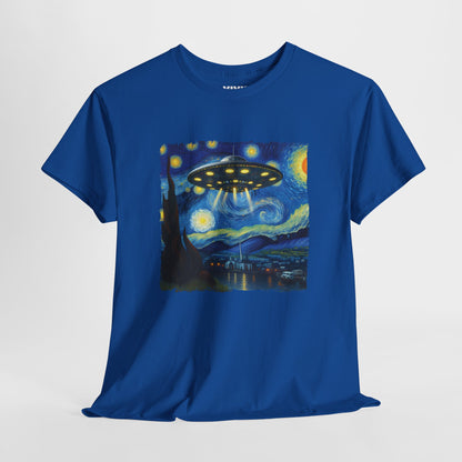 Royal blue UFO Van Gogh parody T-shirt hanging on display, showing full design of starry sky with spaceship at the center. Iconic chaos, now wearable. Part of the Vivid Divergence Memewear Collection!
