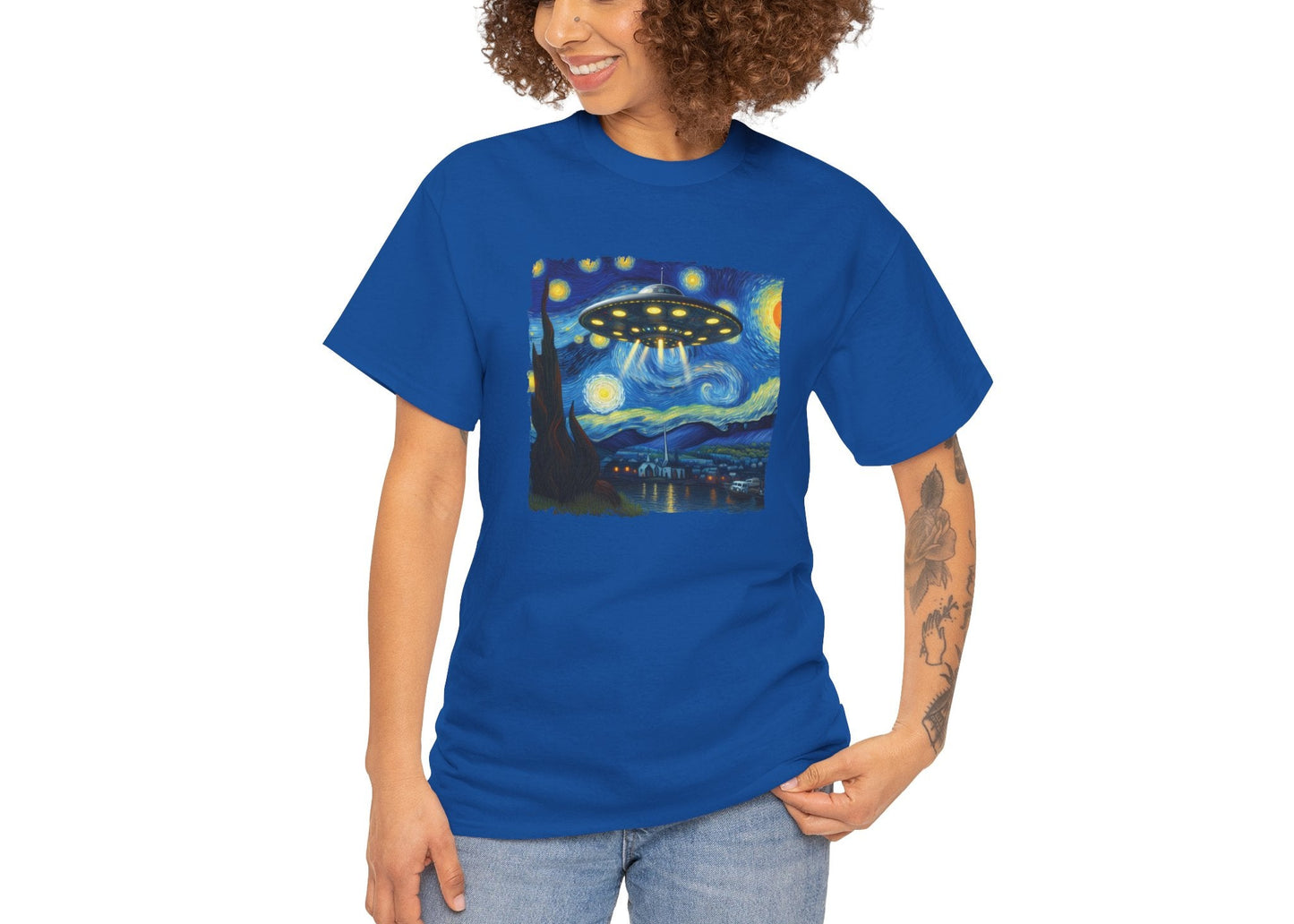Woman modeling the UFO Van Gogh parody shirt, smiling while wearing surreal art-meets-aliens graphic. She’s stylish and skeptical. Part of the Vivid Divergence Memewear Collection!
