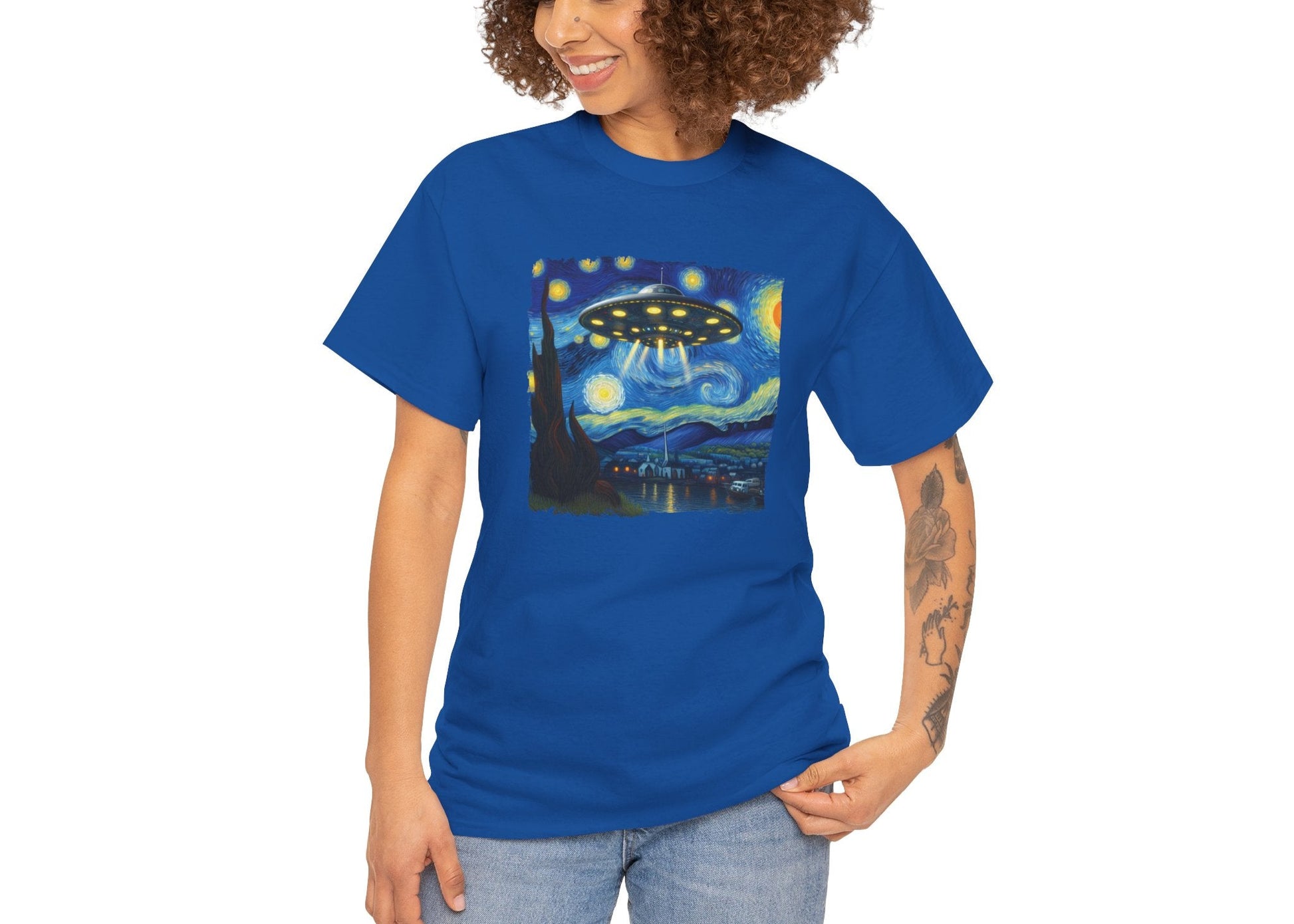 Woman modeling the UFO Van Gogh parody shirt, smiling while wearing surreal art-meets-aliens graphic. She’s stylish and skeptical. Part of the Vivid Divergence Memewear Collection!
