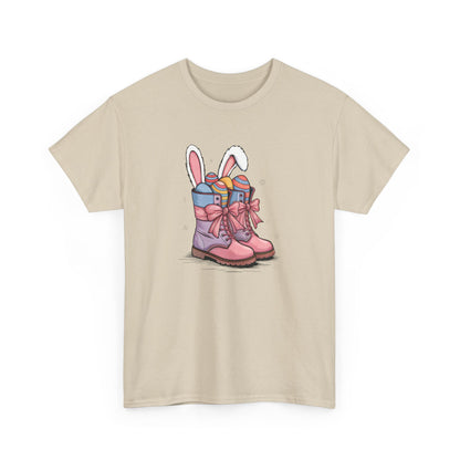 Sand Easter T-shirt showcasing cowgirl boots with bunny ears and Easter eggs, a rustic and stylish holiday look. Hop into the season in style and shop Easter shirts online today!