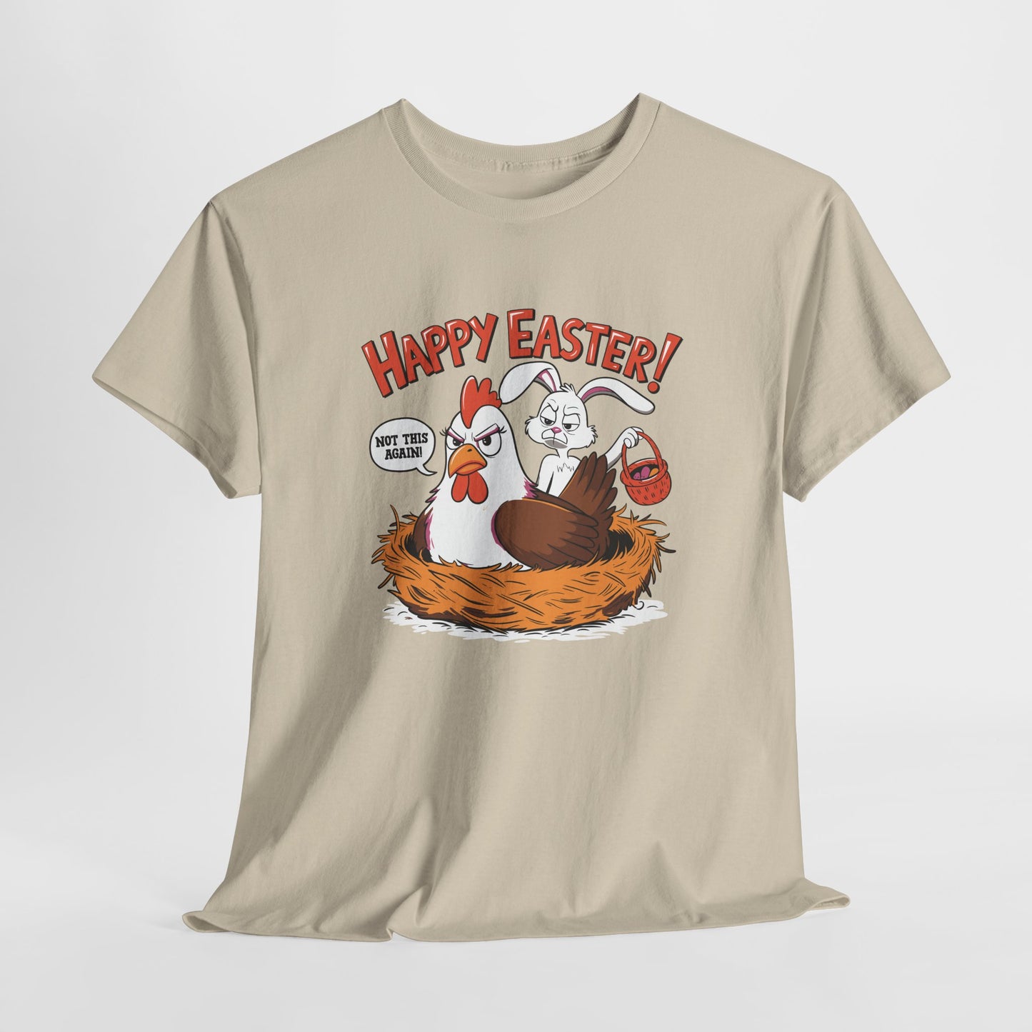 Sand T-shirt hanging, featuring a hilarious Easter Bunny caught by a surprised hen, a lighthearted and fun holiday choice. Hop into the season in style and shop Easter shirts online today!
