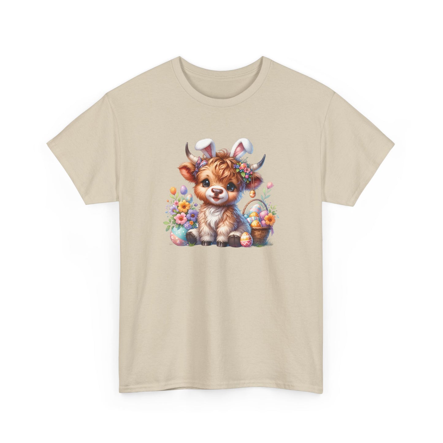 Sand Easter T-shirt featuring a rustic Highland cow with pastel-colored eggs and florals, perfect for a countryside Easter celebration. Hop into the season in style and shop Easter shirts online today!