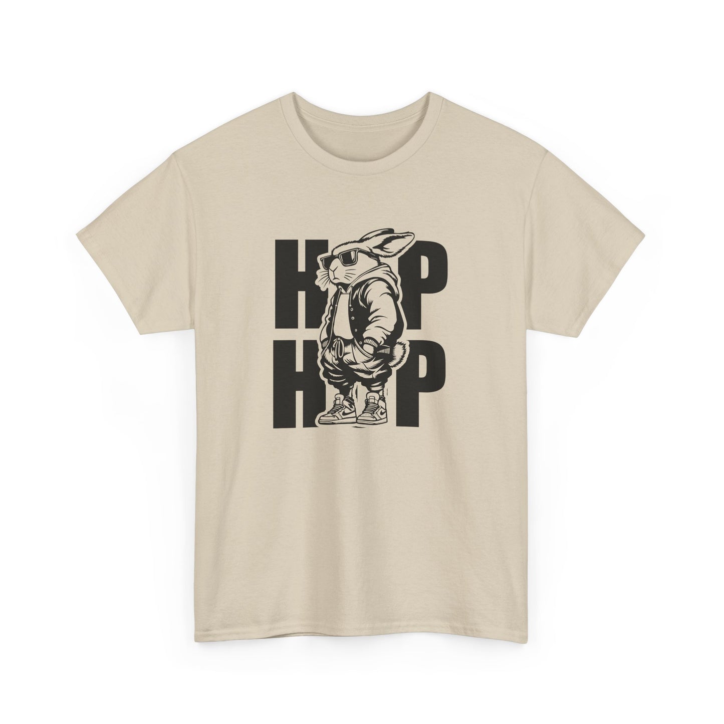Sand Easter T-shirt decorated with a cool hip-hop bunny and "HOP HOP" text, adding an edgy twist to Easter outfits. Hop into the season in style and shop Easter shirts online today!