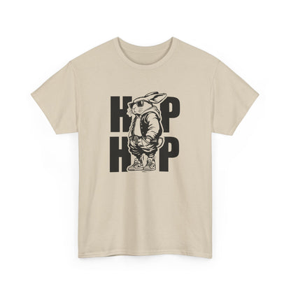 Sand Easter T-shirt decorated with a cool hip-hop bunny and "HOP HOP" text, adding an edgy twist to Easter outfits. Hop into the season in style and shop Easter shirts online today!