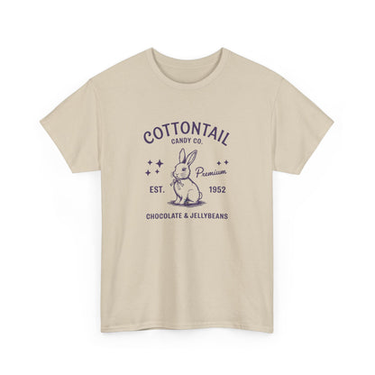 Sand Easter T-shirt decorated with a timeless "Cottontail Candy Co." bunny logo, bringing classic charm to Easter fashion. Hop into the season in style and shop Easter shirts online today!