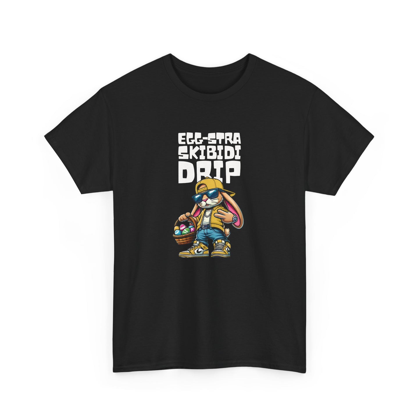Front view of a black Skibidi Drip Easter T-shirt with a stylish, swaggy bunny flexing skibidi rizz energy. A viral meme-worthy Easter tee. Part of the Vivid Divergence Sensory Friendly Unisex Tees Range.