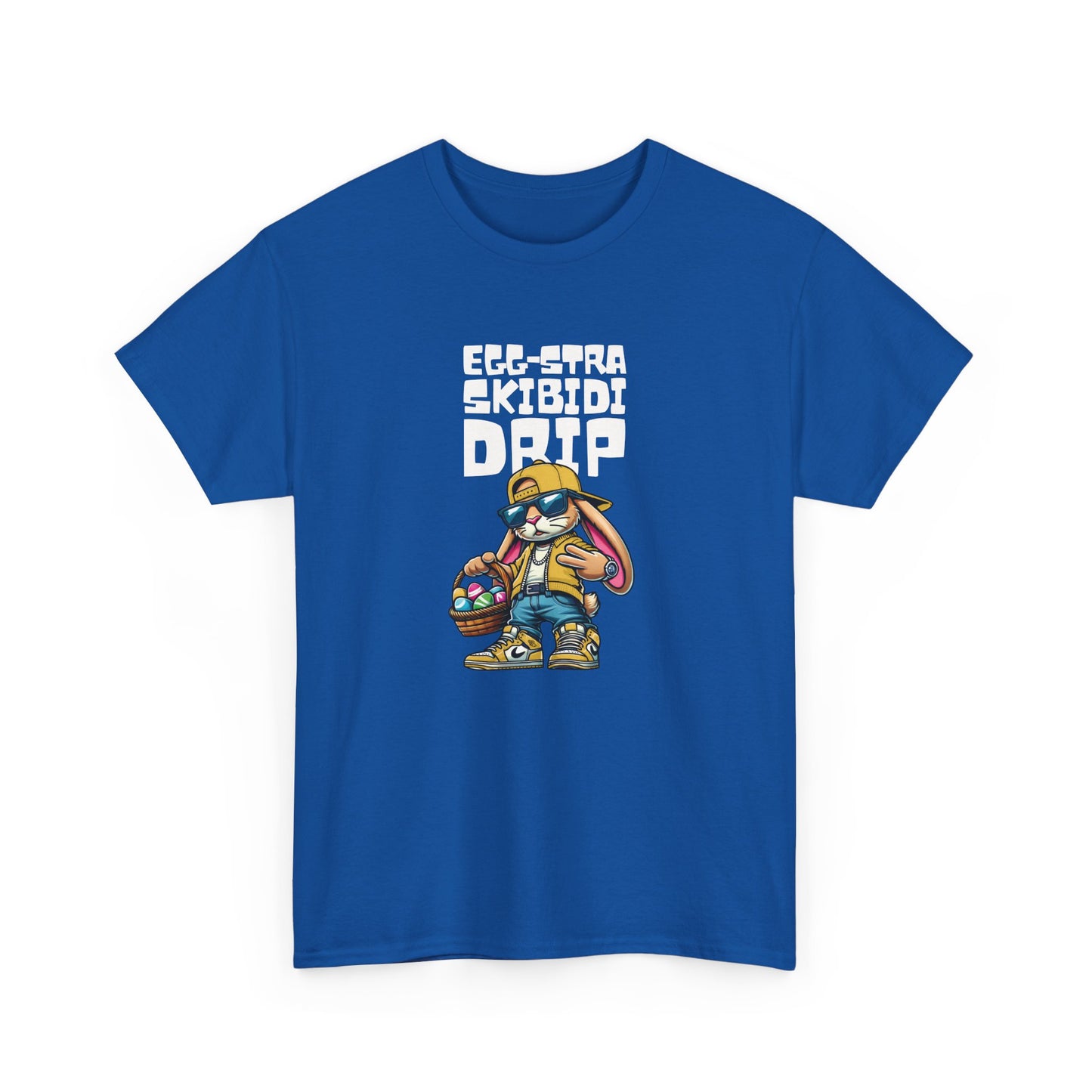 Front view of a royal blue Skibidi Drip Easter T-shirt featuring a confident Easter bunny rocking sunglasses and chains, with the text "Eggstra Skibidi Drip." The ultimate meme Easter tee. Part of the Vivid Divergence Sensory Friendly Unisex Tees Range.