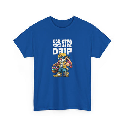 Front view of a royal blue Skibidi Drip Easter T-shirt featuring a confident Easter bunny rocking sunglasses and chains, with the text "Eggstra Skibidi Drip." The ultimate meme Easter tee. Part of the Vivid Divergence Sensory Friendly Unisex Tees Range.