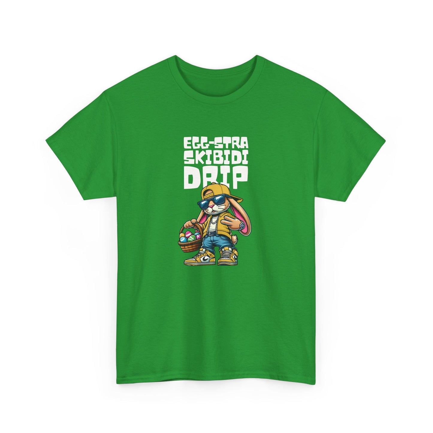 Front view of a green Skibidi Drip Easter T-shirt featuring a skibidi sigma-worthy Easter bunny with chains, sunglasses, and meme energy. A bold, fun Easter tee. Part of the Vivid Divergence Sensory Friendly Unisex Tees Range.