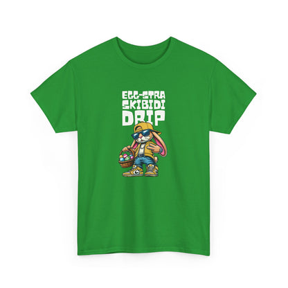 Front view of a green Skibidi Drip Easter T-shirt featuring a skibidi sigma-worthy Easter bunny with chains, sunglasses, and meme energy. A bold, fun Easter tee. Part of the Vivid Divergence Sensory Friendly Unisex Tees Range.