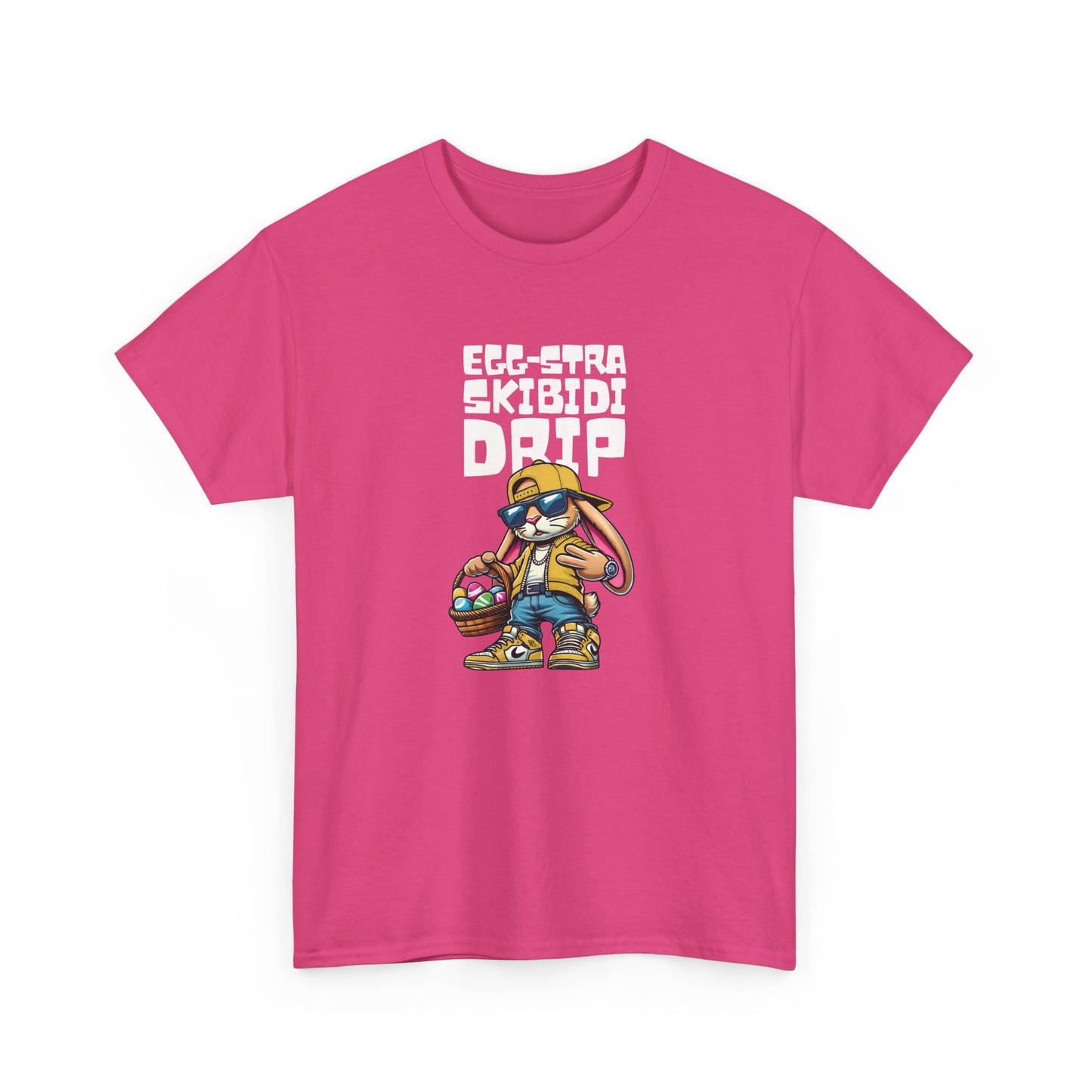 Front view of a pink Skibidi Drip Easter T-shirt showcasing a meme-inspired Easter bunny with chains and sunglasses. A bold and trendy skibidi sigma tee. Part of the Vivid Divergence Sensory Friendly Unisex Tees Range.