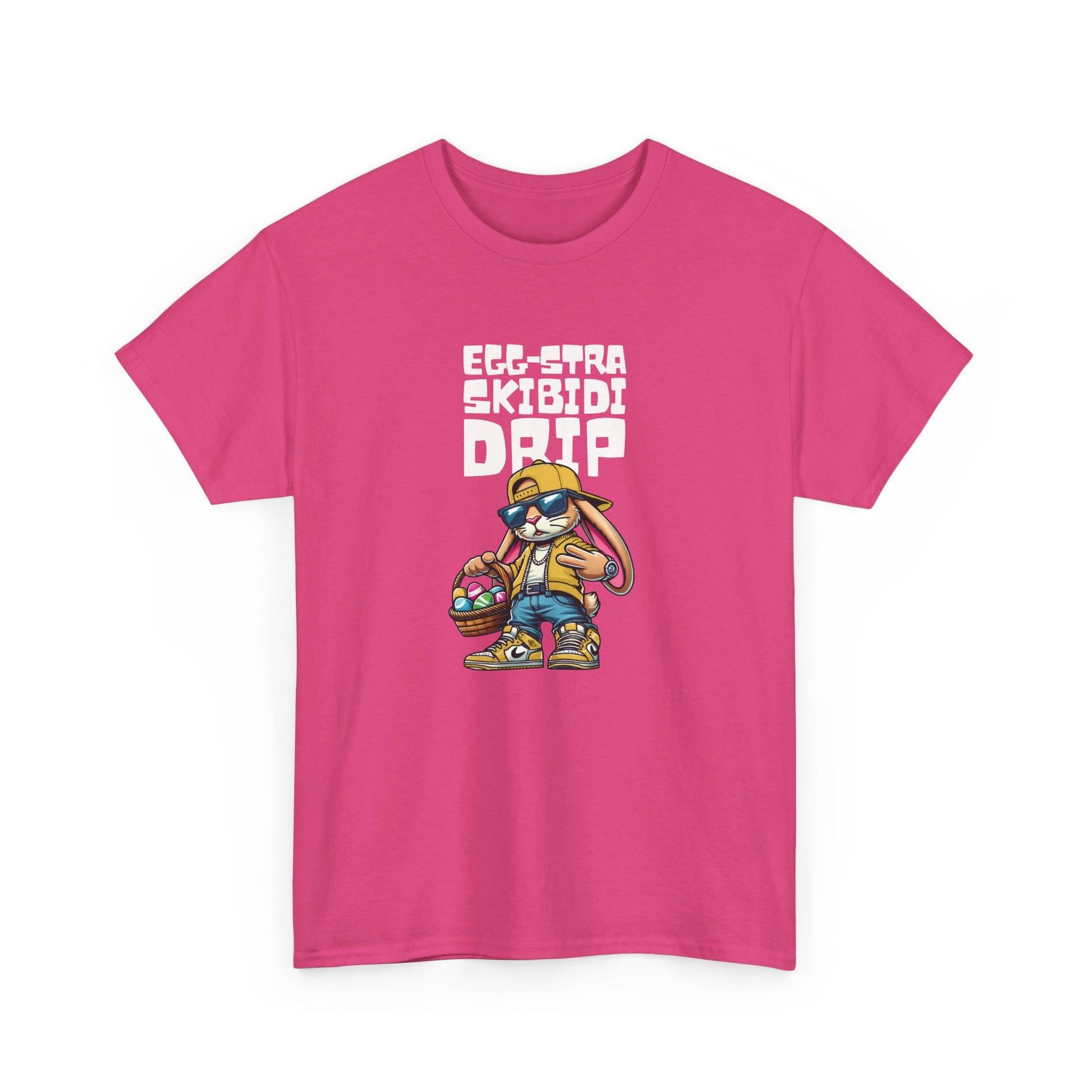 Front view of a pink Skibidi Drip Easter T-shirt showcasing a meme-inspired Easter bunny with chains and sunglasses. A bold and trendy skibidi sigma tee. Part of the Vivid Divergence Sensory Friendly Unisex Tees Range.