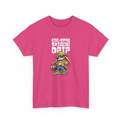 Front view of a pink Skibidi Drip Easter T-shirt showcasing a meme-inspired Easter bunny with chains and sunglasses. A bold and trendy skibidi sigma tee. Part of the Vivid Divergence Sensory Friendly Unisex Tees Range.