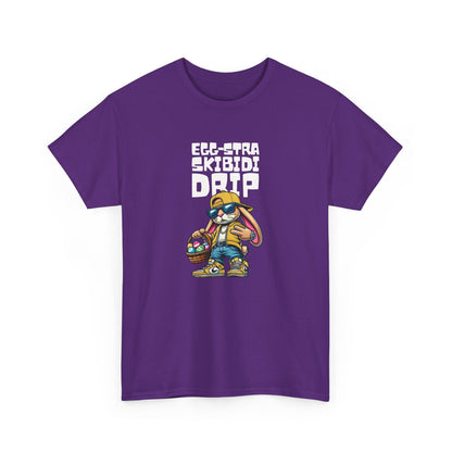 Front view of a purple Skibidi Drip Easter T-shirt featuring a dripped-out bunny with "Eggstra Skibidi Drip" text. A stylish and meme-worthy skibidi rizz Easter shirt. Part of the Vivid Divergence Sensory Friendly Unisex Tees Range.