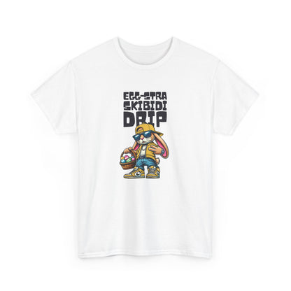 Front view of a white Skibidi Drip Easter T-shirt with a drippy, stylish Easter bunny flexing pure skibidi rizz. A must-have Easter meme shirt. Part of the Vivid Divergence Sensory Friendly Unisex Tees Range.