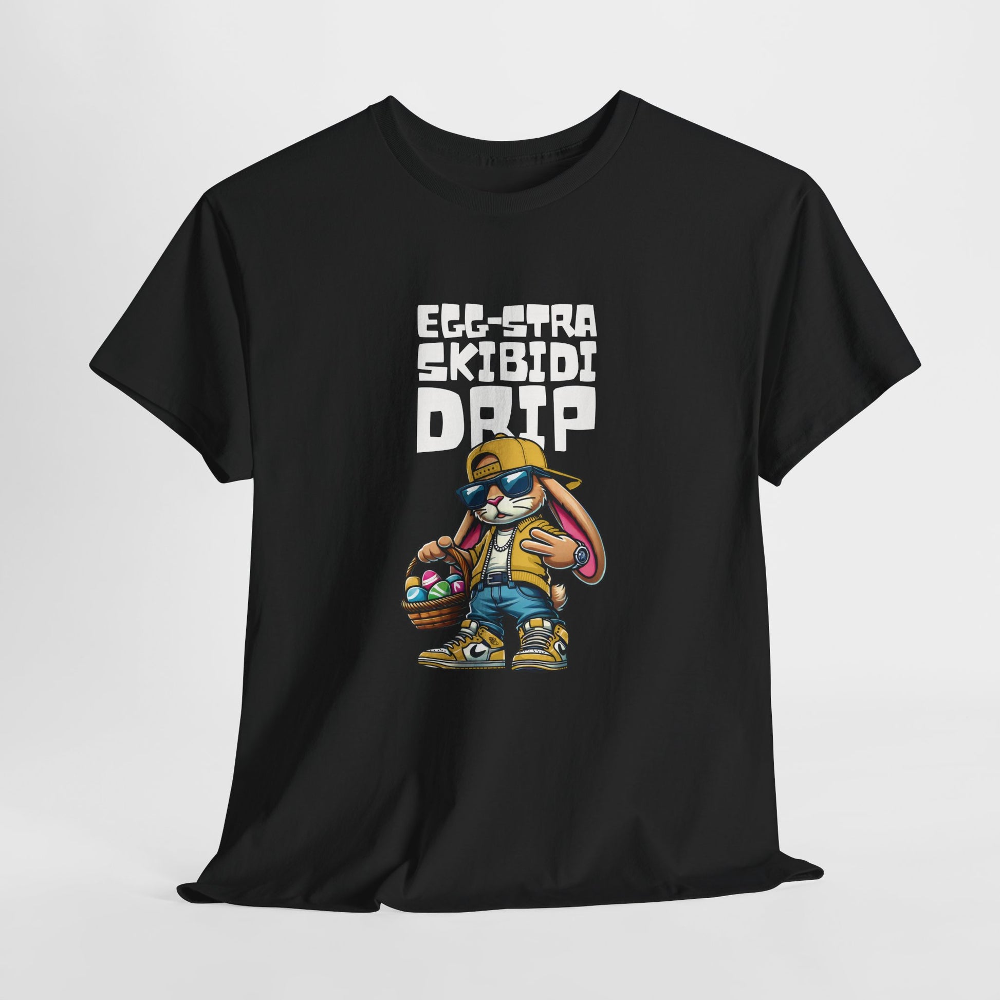 Hanging view of a black Skibidi Drip Easter T-shirt featuring a swaggy Easter bunny with chains and shades, oozing skibidi sigma vibes. The ultimate Easter meme tee. Part of the Vivid Divergence Sensory Friendly Unisex Tees Range.
