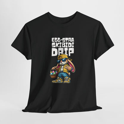 Hanging view of a black Skibidi Drip Easter T-shirt featuring a swaggy Easter bunny with chains and shades, oozing skibidi sigma vibes. The ultimate Easter meme tee. Part of the Vivid Divergence Sensory Friendly Unisex Tees Range.