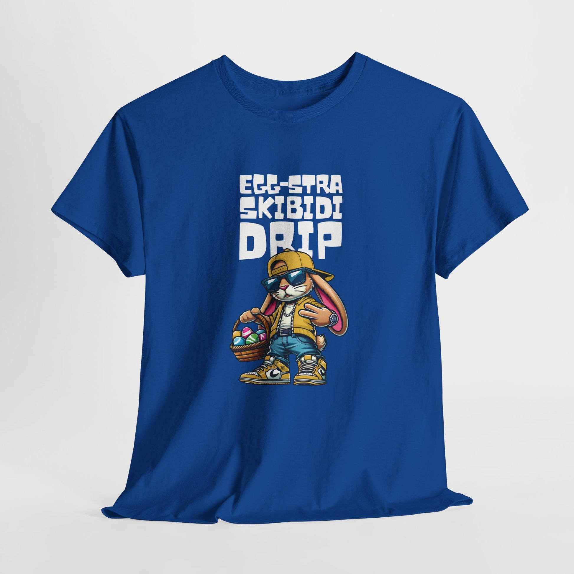 Hanging view of a royal blue Skibidi Drip Easter T-shirt featuring a stylish Easter bunny rocking sunglasses, chains, and a skibidi-worthy pose. A must-have meme tee with ultimate skibidi sigma rizz. Part of the Vivid Divergence Sensory Friendly Unisex Tees Range.
