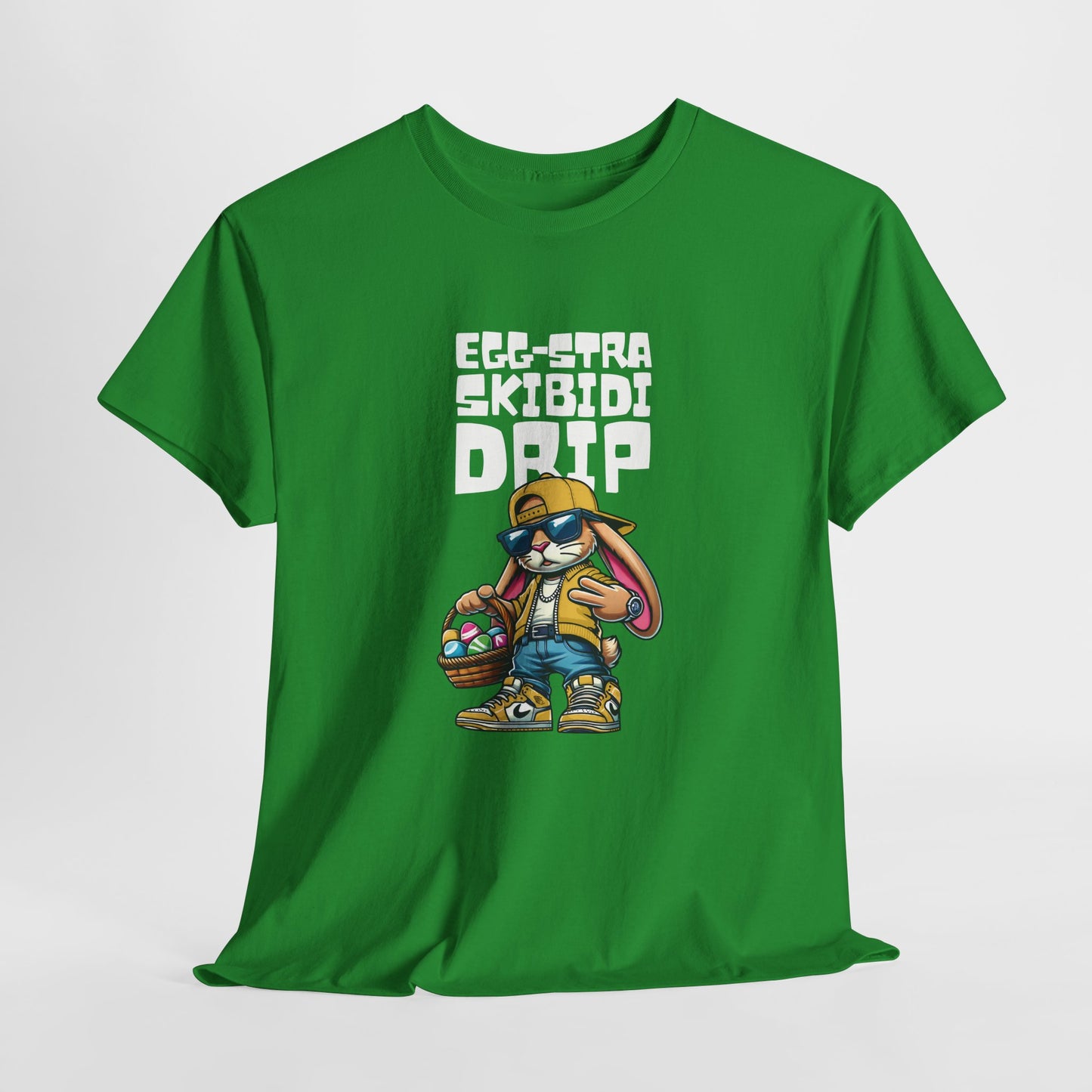 Hanging view of a green Skibidi Drip Easter T-shirt featuring a confident Easter bunny flexing serious skibidi rizz with chains, sunglasses, and swaggy energy. A viral meme tee for Easter. Part of the Vivid Divergence Sensory Friendly Unisex Tees Range