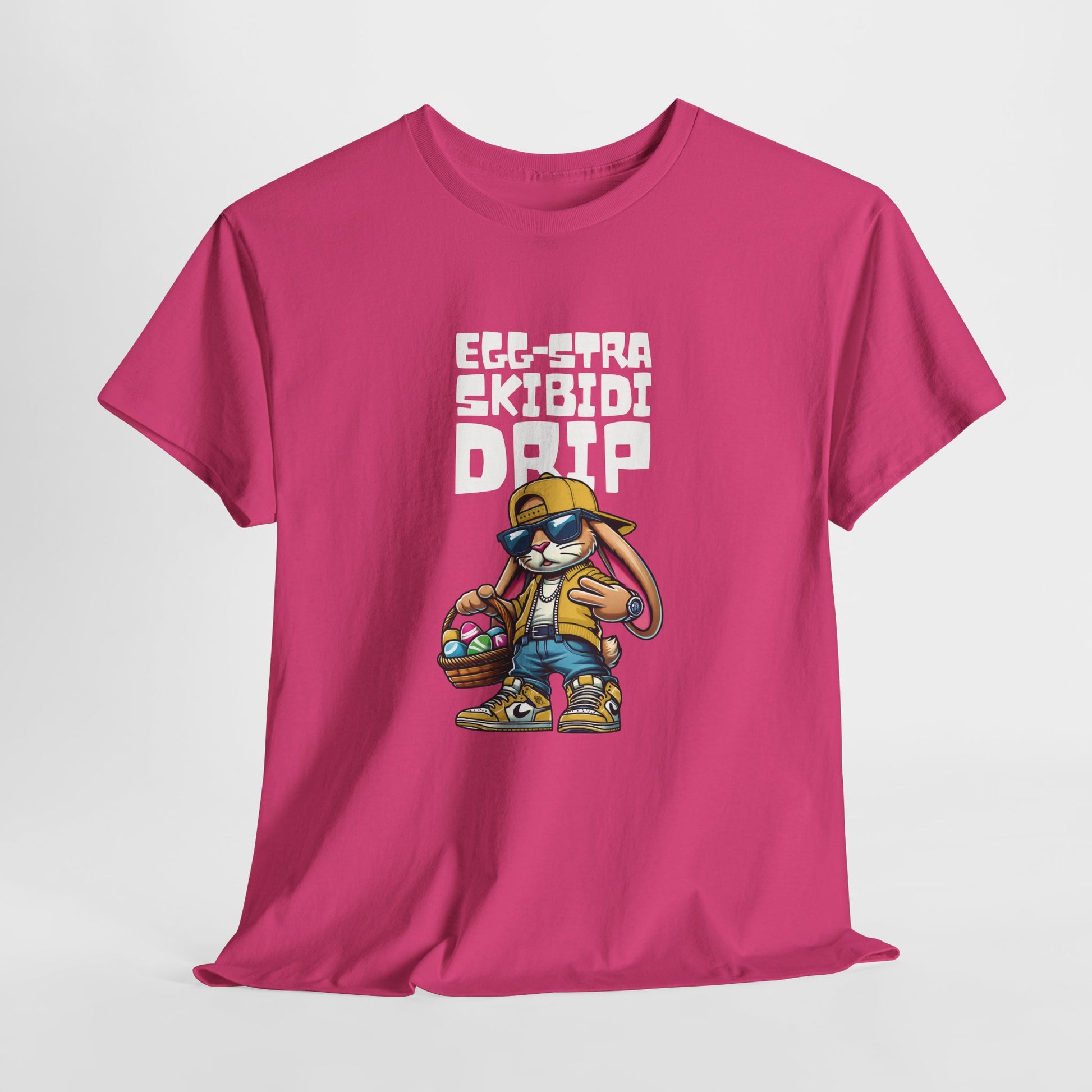 Hanging view of a pink Skibidi Drip Easter T-shirt with a stylish, confident Easter bunny flexing skibidi rizz energy. A meme-worthy, bold Easter shirt. Part of the Vivid Divergence Sensory Friendly Unisex Tees Range.