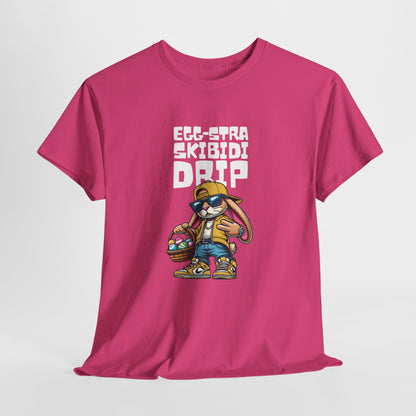 Hanging view of a pink Skibidi Drip Easter T-shirt with a stylish, confident Easter bunny flexing skibidi rizz energy. A meme-worthy, bold Easter shirt. Part of the Vivid Divergence Sensory Friendly Unisex Tees Range.