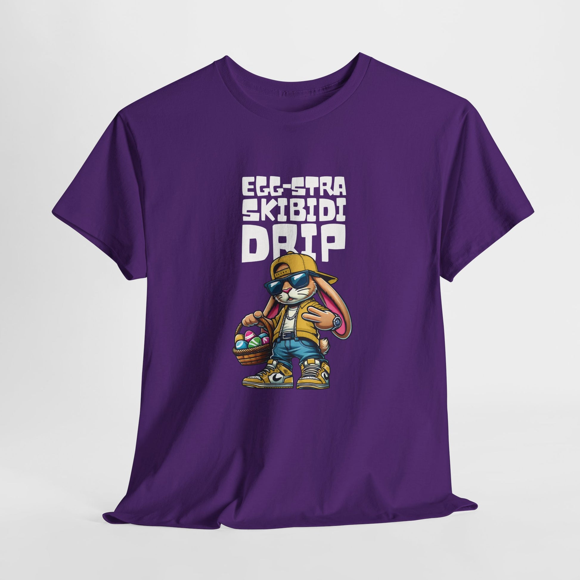 Hanging view of a purple Skibidi Drip Easter T-shirt featuring a dripped-out Easter bunny with the phrase "Eggstra Skibidi Drip." A bold and stylish Easter meme tee. Part of the Vivid Divergence Sensory Friendly Unisex Tees Range.