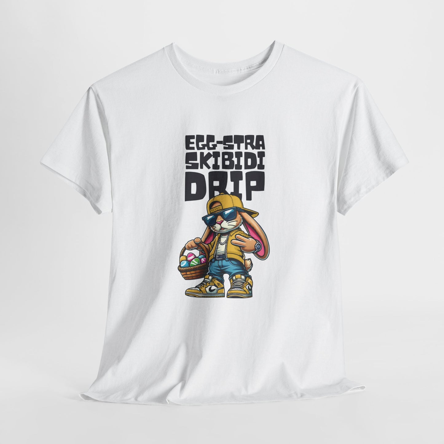 Hanging view of a white Skibidi Drip Easter T-shirt showcasing a cool, swagged-out Easter bunny in shades with "Eggstra Skibidi Drip" text. The perfect meme-inspired Easter fit. Part of the Vivid Divergence Sensory Friendly Unisex Tees Range.