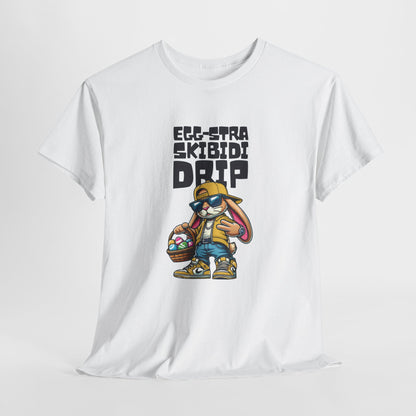 Hanging view of a white Skibidi Drip Easter T-shirt showcasing a cool, swagged-out Easter bunny in shades with "Eggstra Skibidi Drip" text. The perfect meme-inspired Easter fit. Part of the Vivid Divergence Sensory Friendly Unisex Tees Range.