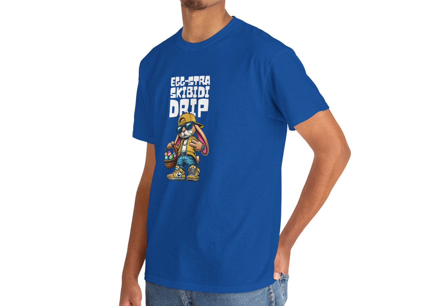 Modeled view of a royal blue Skibidi Drip Easter T-shirt featuring a dripped-out Easter bunny with chains, sunglasses, and meme energy. A must-have for skibidi sigma Easter vibes. Part of the Vivid Divergence Sensory Friendly Unisex Tees Range.